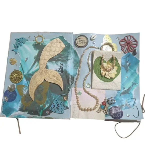 Handmade Mermaid Junk Journal Ocean Theme Art Journal Mixed Media Charms Pearls - Picture 5 of 12